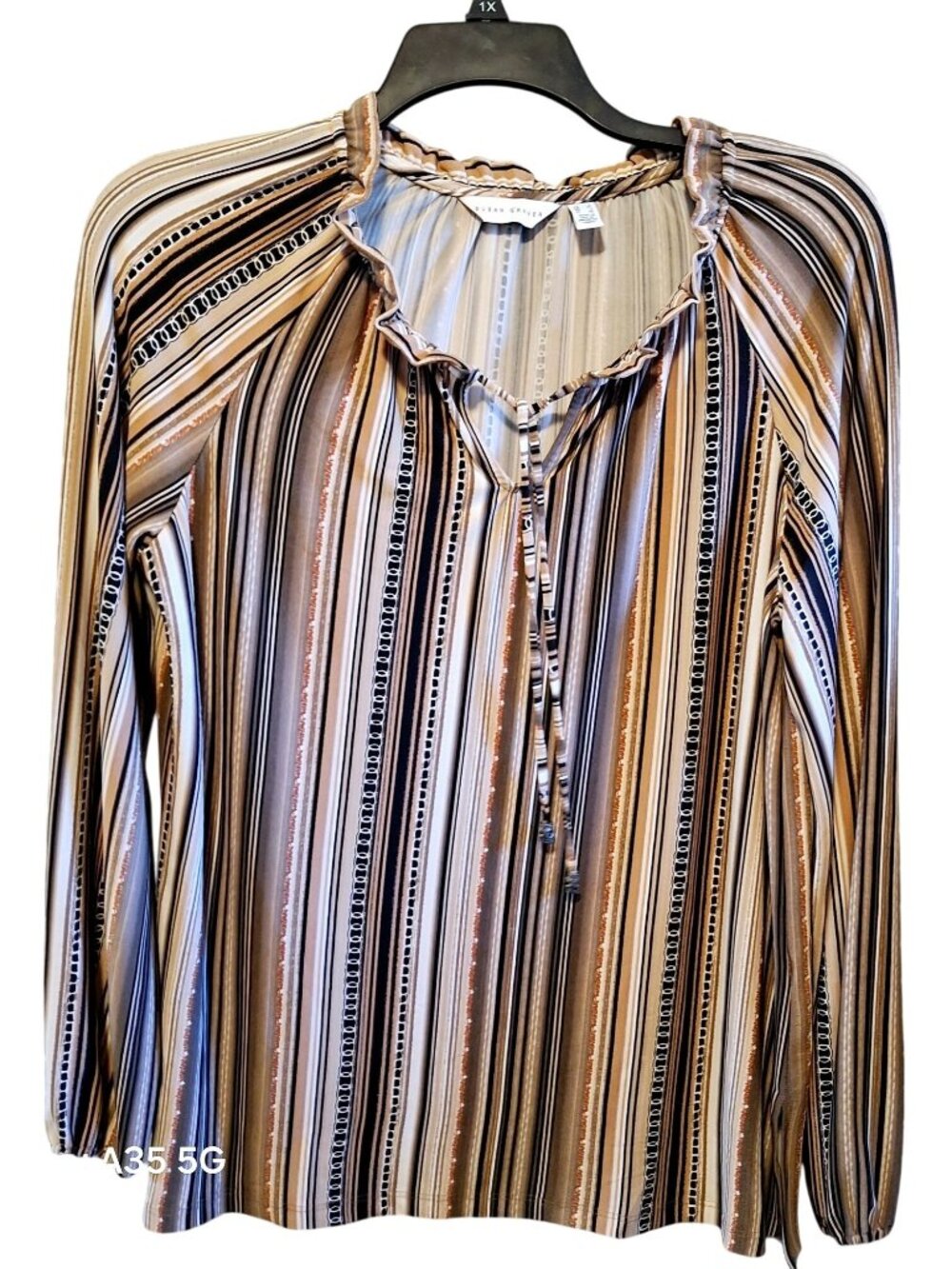 Susan Graver Womens L Striped Liquid Knit Long-Sleeve Blouse With Ruffle Collar